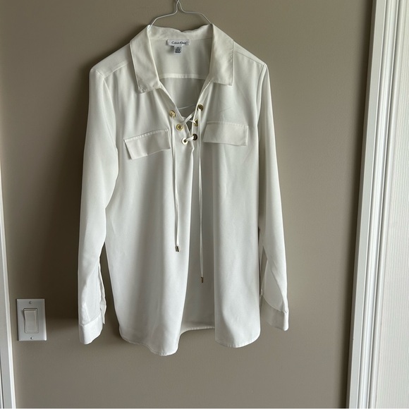 Calvin Klein White Dress Top with gold accent loops that ties at the neckline - Picture 1 of 14